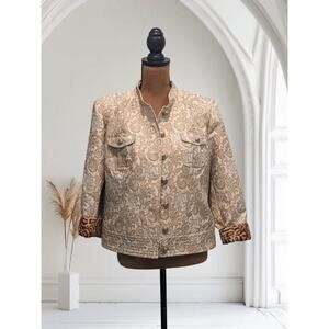 Y2K Military Style Jacket Womens 12P Ivory Brocade Paisley Casual Dress Academia